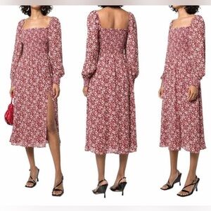 Reformation Cello Floral Print Red White Thigh Slit Midi Dress Sz XS. MSRP $278